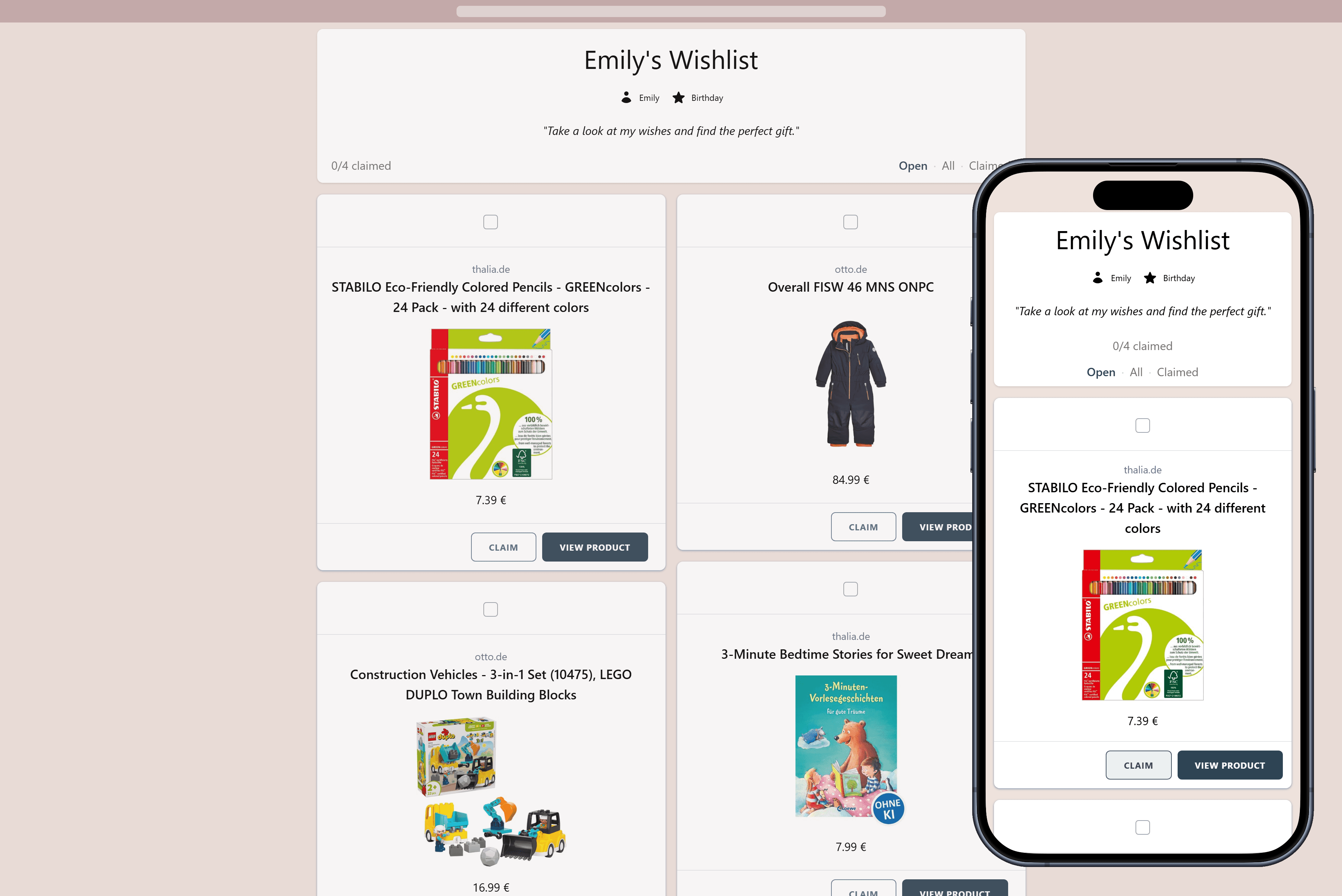 Example of a finished online wishlist ready to share with friends and family