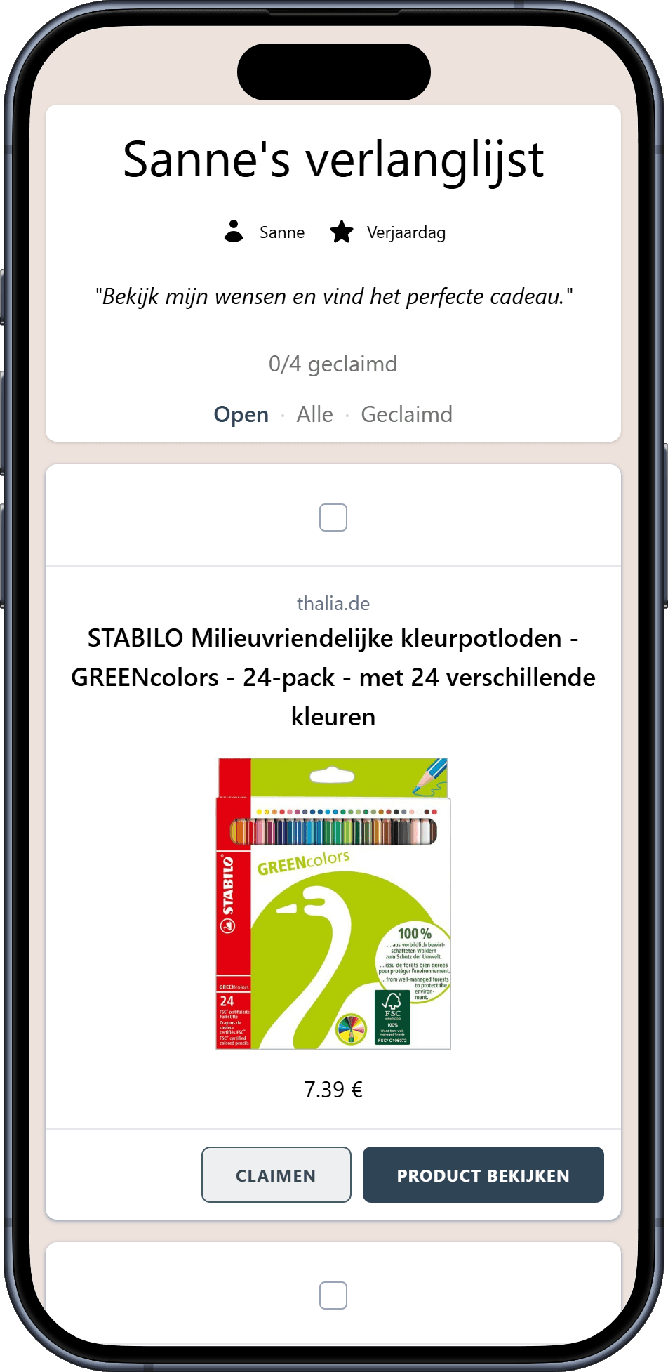 Voorbeeld van een voltooide online verlanglijst klaar om te delen met vrienden en familie